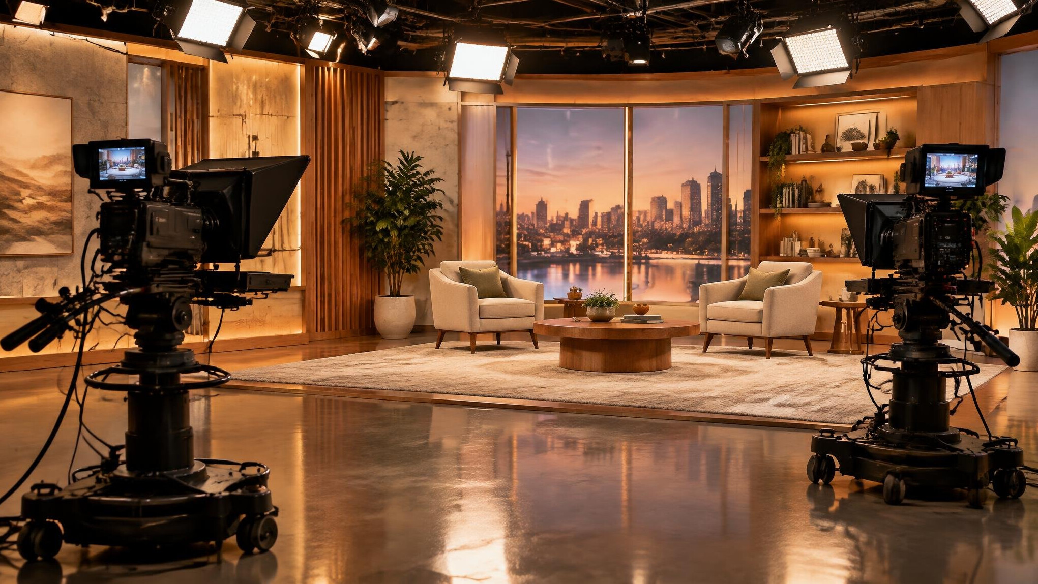 Film set with professional cameras and studio lights